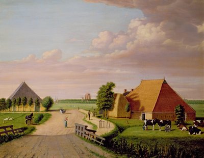 Eine Studie von Leevwarden in Holland mit einer Herde Friesischer Kühe im Vordergrund von Dutch School