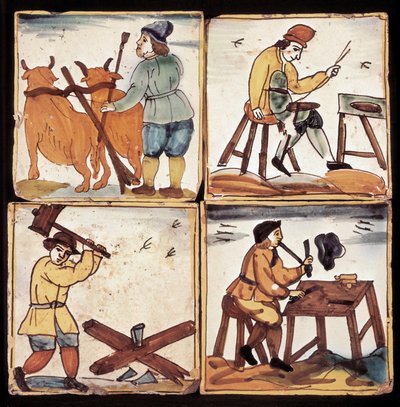 Azulejos-Panel: Darstellung von Berufen, Bauernarbeit, Säger, Holzspalter und Pfeifenmacher (Keramik) von Dutch School