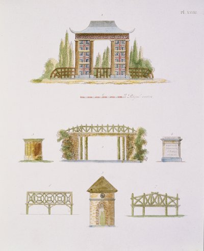 Gartendekorationen, aus Magazin der Gartenschätze, von G. van Laar, veröffentlicht 1802 von Dutch School