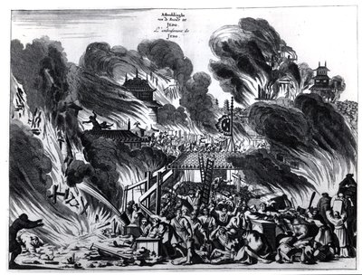 Großes Feuer in Yedo (Tokio) im 17. Jahrhundert, Illustration aus dem Bericht von Arnold Montanus über die Botschaften der Niederländischen Ostindien-Kompanie an den Kaiser von Japan, veröffentlicht in Amsterdam 1680 von Dutch School