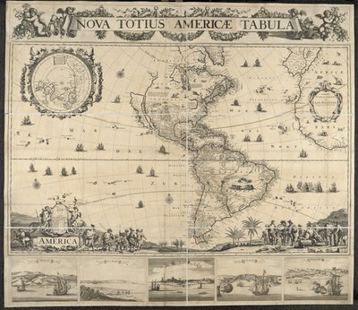 Karte von Amerika, Nova totius Americae Tabula, [mit Ansichten von] Panama, Caput S. Augustini, Nieu Amsterdam, S. Salvador, Nombre D. Dios. Gedruckt bei J. Mathysz von Dutch School