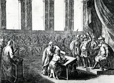 Ptolemaios Philadelphos, König von Ägypten, ruft 72 Männer aus Judäa, um das jüdische Gesetz ins Griechische zu übersetzen, ca. 1700 von Dutch School