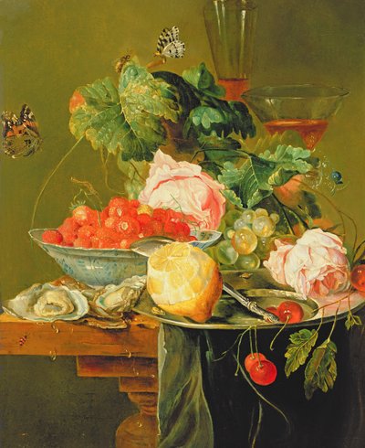 Stillleben mit Rosen, Austern, Erdbeeren in einer Porzellanschale und anderen Früchten auf Zinnwaren, ca. 1820 von Dutch School