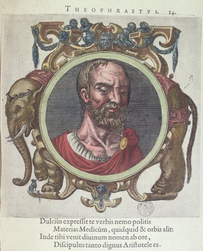 Theophrastos (ca. 372-287 v. Chr.), Illustration aus Veterum et Recentium Medicorum Philosophorumque Icones von Johannes Sambucus (1531-84), veröffentlicht von Plantin in Leyden 1603 (Farbstich) von Dutch School