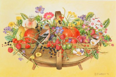 Korb mit Früchten, Blumen und Buchfinken, 1991 von E.B. Watts