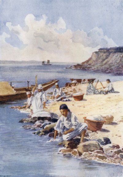 Koreanische Frauen waschen Kleidung in einem Fluss von E.H. Fitchew