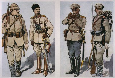 Türkischer Infanterist und Offizier (links) und bulgarischer Infanterieoffizier und Fußsoldat von 1917 (rechts) von 1917 von E. (after) Dobrich