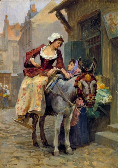 Der kleine Esel. Eine Frau reitet als Amazone auf einem Esel, die Füße in einer passenden Rille von E. Dameron