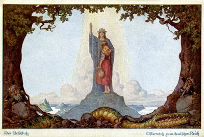 Geschichte. Vereinigung von Österreich und Deutschland. Allegorie von E. Kutzer, Österreich, um 1920 (Postkarte) von E. Kutzer