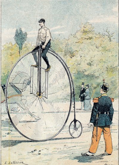 Grand-Bi mit Vorderraddurchmesser größer als 1,50 m - Aus einem Schutzumschlag für Schulbücher, späte 19. Jahrhundert - Illustration von E. Letellier - Geschütztes Notizbuch historisch, späte 19. Jahrhundert von E. Letellier