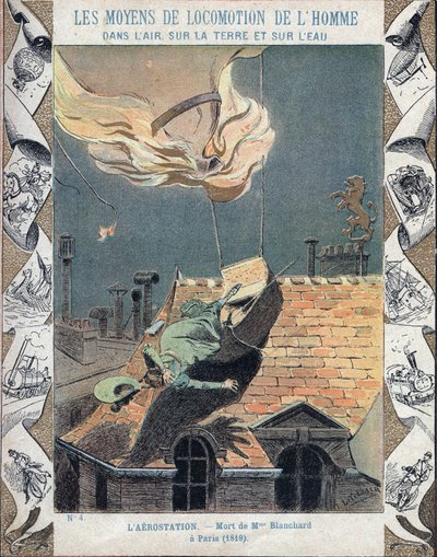 Der Tod von Marie Blanchard, Ehefrau des Luftfahrtpioniers Jean Pierre Blanchard, als ihr Ballon während einer Vorführung über Paris am 6. Juni 1819 Feuer fing - Aus einem Schutzumschlag für Schulbücher, Ende des 19. Jahrhunderts - Tod von Madame Blanchard von E. Letellier