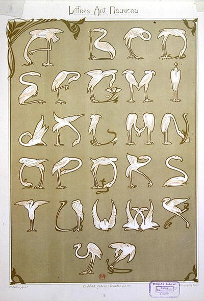 "Jugendstil" Alphabet mit dem Motiv von rosa Flamingos von E. Mulier
