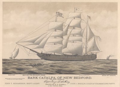 Bark Catalpa aus New Bedford, Polizeiboot, Schiffsboot und britisches Schiff Georgette von E. N. Russell