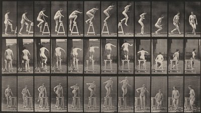 Tafel Nummer 171. Auf ein Gerüst steigen, herunterspringen und sich drehen von Eadweard Muybridge