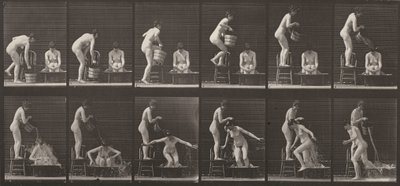 Tafel Nummer 406. Eine Frau schüttet einen Eimer Wasser über eine andere Frau von Eadweard Muybridge