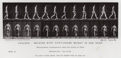 Die menschliche Figur in Bewegung: Athlet, gehend mit einem fünfzig Pfund Gewicht in einer Hand von Eadweard Muybridge