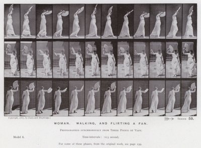 Die menschliche Figur in Bewegung: Frau, geht und fächert sich von Eadweard Muybridge