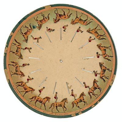 Zoopraxiskop-Scheibe zeigt einen Akrobaten, der einen Rückwärtssalto auf einem Pferd macht, 1893 von Eadweard Muybridge