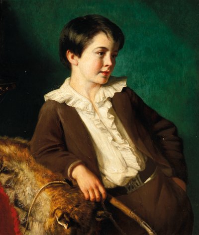Porträt von Master John Lethbridge von Tregeare Manor, Launceston, Devon, dreiviertellang, in einem braunen Anzug mit einer Peitsche, lehnend auf einem Tierfell von Eden Upton Eddis