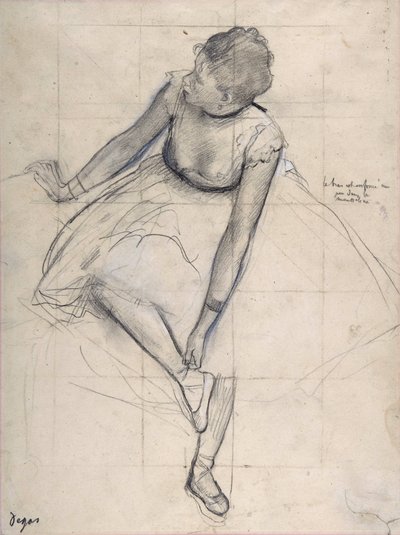 Tänzerin, die ihren Schuh anpasst (Ballerina). Zeichnung von Edgar Degas (1834-1917) New York City. Metropolitan Museum of Art. von Edgar Degas