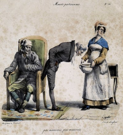 Kranker, Arzt schaut in den Topf und Diener. Karikatur der Pariser Sitten von Pigal (19. Jahrhundert), aufbewahrt im Musée Dobree in Nantes. von Edme Jean (after) Pigal