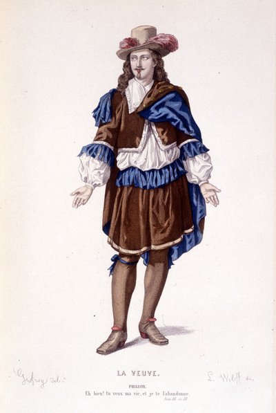Die Figur des Philiste in La veuve ou le traitre betrayed - Gesamttheater: (Sammlung von Stücken von Corneille) Zeichnung von Geffroy, Gravur von L. Wolff - ed. Laplace, Sanchez et Cie, Paris 1884 von Edmond Aime Florentin Geffroy