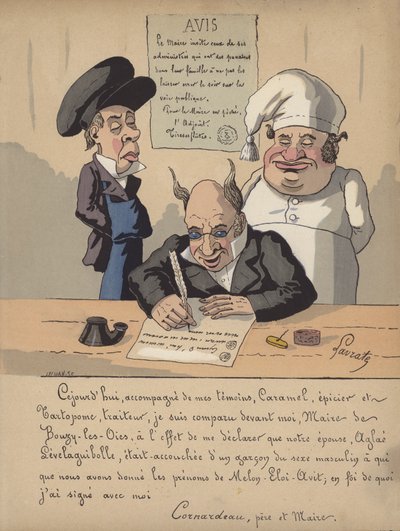 Ein Bürgermeister schreibt eine Bekanntmachung (Farblitho) von Edmond Lavrate