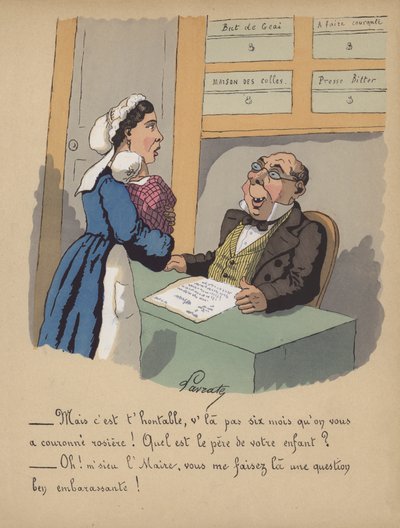 Eine Mutter meldet ihr Baby im Rathaus an (Farblitho) von Edmond Lavrate