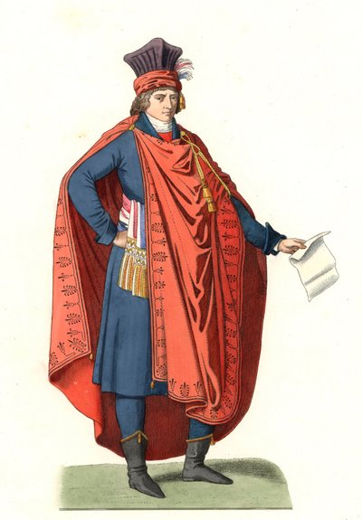 Kostüm eines Volksvertreters, Frankreich 18. Jahrhundert, nach einem zeitgenössischen Stich - Lithographie basierend auf einer Illustration von Edmond Lechevallier-Chevignard (1825-1902), entnommen aus Costumes historiques des 16e von Edmond Lechevallier Chevignard