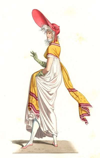 Junge Französin in der Mode der Wunderbaren des 18. Jahrhunderts, nach einem Gemälde von Carle Vernet (1758-1836) - Lithographie nach einer Illustration von Edmond Lechevallier-Chevignard (1825-1902), aus „Costumes historiques des 16th“ von Edmond Lechevallier Chevignard