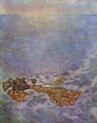 Noch einmal sah sie den Prinzen an, mit ihren Augen, die bereits vom Tod getrübt waren, dann sprang sie über Bord und fiel, ihr Körper löste sich in Schaum auf, Illustration aus 