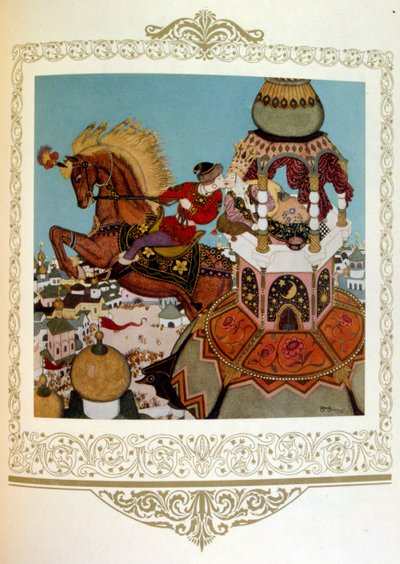 Prinz küsst eine schöne Prinzessin in einem Turm. Russland von Dulac von Edmund Dulac