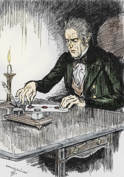 Dr. Jekyll schließt den Brief, in dem er gesteht, Mr. Hyde der Mörder zu sein, Illustration von Edmund Joseph Sullivan (1869-1933) für den Roman „Der seltsame Fall des Dr. Jekyll und Mr. Hyde“ von Robert Louis Stevenson (1850-1894) 1927 von Edmund Joseph Sullivan