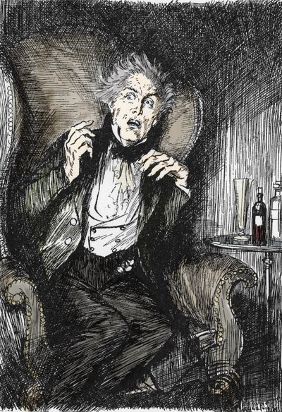 Dr. Jekyll in Schrecken während seines Gesprächs mit Utterson und Enfield, Illustration von Edmund Joseph Sullivan (1869-1933) für den Roman „Der seltsame Fall des Dr. Jekyll und Mr. Hyde“ von Robert Louis Stevenson (1850-1894) 1927 von Edmund Joseph Sullivan