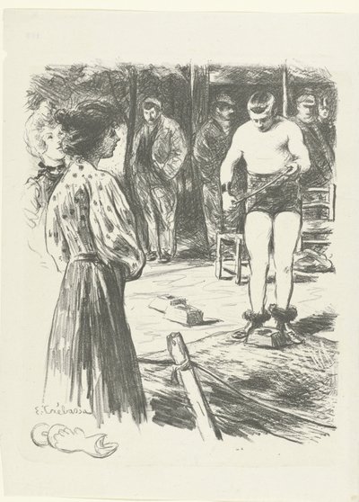 Zwei Frauen und Männer im Publikum schauen einem Wrestler zu von Edouard Crébassa