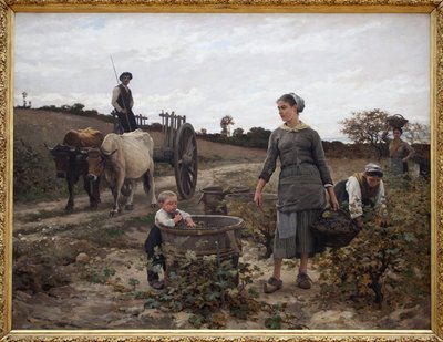Ecke des Weinbergs; Languedoc. Ländliche Szene mit einem Mann auf einem Wagen, Frauen, die Trauben pflücken, und einem Kind, das die geernteten Früchte isst von Edouard Debat Ponsan