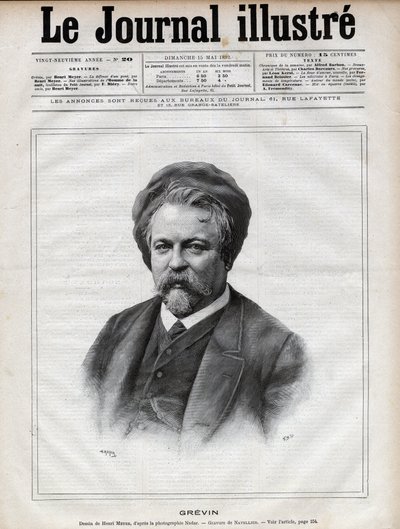 Alfred Grevin (1827-1892) Bildhauer, Karikaturist, Karikaturist, Karikaturist und Designer französischer Theaterkostüme - Gravur von Navellier nach einem Foto von Nadar in „The Illustrous Journal“ von 1892 von Edouard Felicien Eugene Navellier