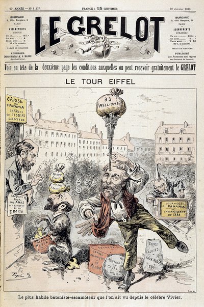 Karikatur über Finanzskandale „Der Eiffelturm: der geschickteste Batonist - Rückzieher seit dem berühmten Vivier“. Titelbild „Le Grelot“ vom 22. Januar. von Edouard Guillaumin Pepin