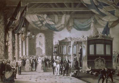 Königin Victoria (1819-1901) und Prinz Albert (1819-61) Ankunft am Bahnhof Gosport, Hampshire, graviert von Bayot & Cuvilier, 1846 von Edouard Pingret