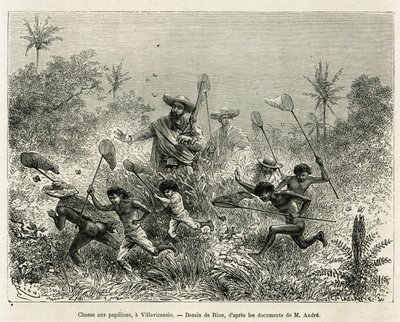 Eine Gruppe von Kindern jagt Schmetterlinge, begleitet vom Autor, in Villavicencio (Kolumbien), Zeichnung von Riou, um die Geschichte von Äquatorialamerika (Kolumbien, Ecuador, Peru) in 1875-1876 zu illustrieren, von Ed. André, Reisender im Auftrag der fra von Edouard Riou
