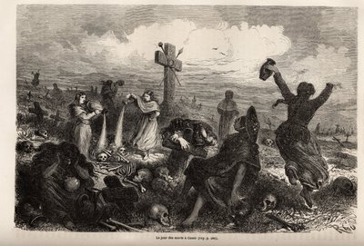Feier des Festes der Toten in Cuzco, Zeichnung von Riou, zur Illustration der Reise von Paul Marcoy durch Südamerika von 1848 bis 1860. Gravur in „Le tour du monde“, herausgegeben von Edouard Charton von Edouard Riou