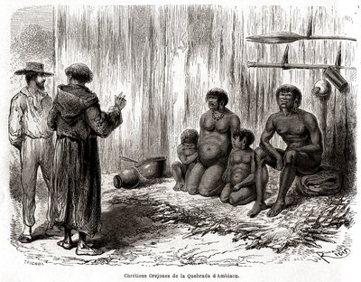Christliche Evangelisierung einer Familie von Yahuas Orejones Indianern in Peru von Edouard Riou