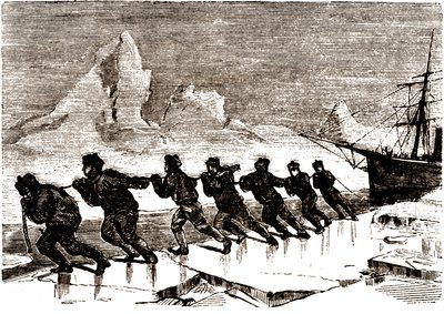 Besatzung von Seeleuten zieht ein Segelboot auf einer Eisscholle von Edouard Riou