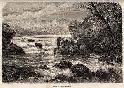 Die Überquerung mit der Fähre des Mesacancha-Flusses (Unteres Peru), Gravur von E. Riou zur Illustration der Reise in die Berge, das Tal von Huarancalqui und die Regionen von Pjonal, 1862-1863, von Paul Marcoy, veröffentlicht in „Le tour du monde“ 1875 von Edouard Riou