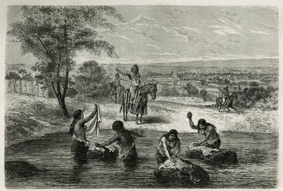 Die Wasserträger und Wäscherinnen von Cartago (Kolumbien), Gravur von Riou, zur Illustration der Geschichte von Amerika Equinoxiale von E. Andre, einer Mission im Auftrag der französischen Regierung, veröffentlicht in Le tour du monde, unter der Leitung vo von Edouard Riou
