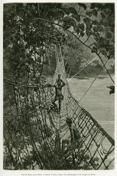 Lianenbrücke über den Passa. Gravur von Riou zur Illustration der Geschichte Voyages dans l