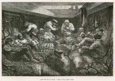 Verloren und erschöpft vor Müdigkeit, wird die Besatzung der Expedition von dem russischen Fischereifahrzeug Nicholas aufgenommen und beendet die Reise in den Laderäumen des Schiffes, gestapelt zwischen der Fischladung und Jagdtrophäen (Hirschgeweih, Eisbä von Edouard Riou