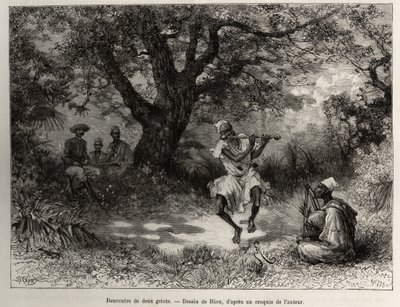 Treffen mit zwei Griots, Kapitän Binger, der im Schatten sitzt, genießt die Show. Gravur von Riou, zur Illustration der Geschichte „Vom Niger zum Golf von Guinea“ von Kapitän Louis Gustave Binger (1856-1936), 1887-1889, in Le tour du monde, nouveau journal von Edouard Riou