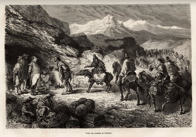 P. Marcoy findet einen Freund, der zum Genie-Oberst und Posten in einer Höhle in der Nähe des Sees von Cailloma wurde, zusammen empfangen sie den Besuch der Honoratioren der Stadt, geätzt nach einer Zeichnung von E. Riou, zur Illustration der Reise in die  von Edouard Riou