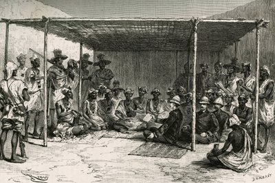 Unterzeichnung des Vertrags, der das Land Kita (ehemaliger Französisch-Sudan, heutiges Mali) am 25. April 1880 unter den Schutz Frankreichs stellte, zwischen Kommandant Joseph Gallieni (1849-1916) und Tokontan Keita. Gravur von Riou, basierend auf einer Sk von Edouard Riou